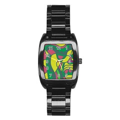 Green Abstract Decor Stainless Steel Barrel Watch