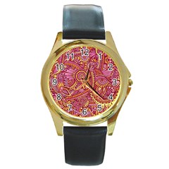 Pink Yellow Hippie Flower Pattern Zz0106 Round Gold Metal Watch