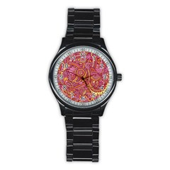 Pink Yellow Hippie Flower Pattern Zz0106 Stainless Steel Round Watch by Zandiepants