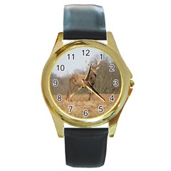 Red Deer Stag On A Hill Round Gold Metal Watch