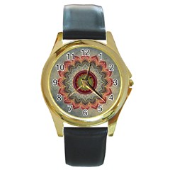 Folk Art Lotus Mandala Dirty Blue Red Round Gold Metal Watch by EDDArt