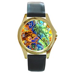 Abstract Fractal Batik Art Green Blue Brown Round Gold Metal Watch by EDDArt