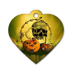 Halloween, Funny Pumpkins And Skull With Spider Dog Tag Heart (one Side) by FantasyWorld7