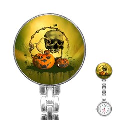 Halloween, Funny Pumpkins And Skull With Spider Stainless Steel Nurses Watch