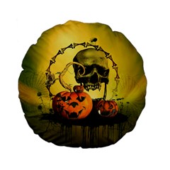 Halloween, Funny Pumpkins And Skull With Spider Standard 15  Premium Flano Round Cushions