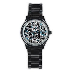 Blue Abstract Flowers Stainless Steel Round Watch by Valentinaart