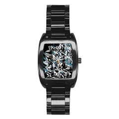 Blue Abstract Flowers Stainless Steel Barrel Watch by Valentinaart