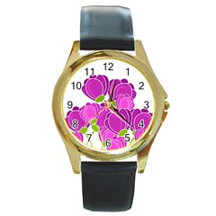 Purple Flowers Round Gold Metal Watch