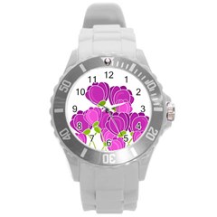 Purple Flowers Round Plastic Sport Watch (l)