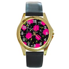 Pink Roses  Round Gold Metal Watch