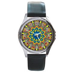 Yellow Flower Mandala Round Metal Watch