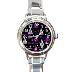 New Year Pattern - Purple Round Italian Charm Watch by Valentinaart