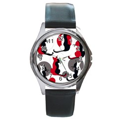 Elegant Abstract Cats  Round Metal Watch by Valentinaart