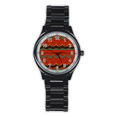 Orange Black And Blue Pattern Stainless Steel Round Watch