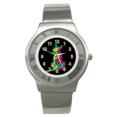 Colorful Abstract Cat  Stainless Steel Watch by Valentinaart