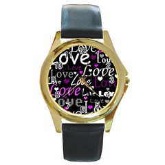 Valentine s Day Pattern - Purple Round Gold Metal Watch by Valentinaart