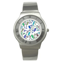 Birds And Flowers - Blue Stainless Steel Watch