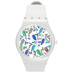 Birds And Flowers - Blue Round Plastic Sport Watch (m)