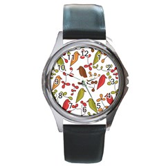 Birds And Flowers 3 Round Metal Watch