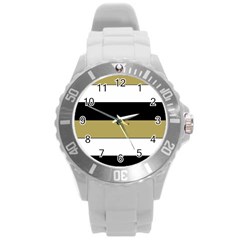 Black Brown Gold White Horizontal Stripes Elegant 8000 Sv Festive Stripe Round Plastic Sport Watch (l) by yoursparklingshop