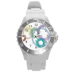 Rainbow Color Circles, Paintbrush Aquarel Round Plastic Sport Watch (l)