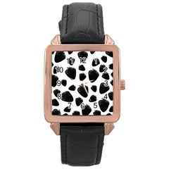 Black Strawberries Pattern Rose Gold Leather Watch  by Valentinaart