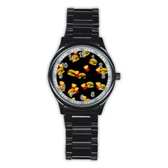 Hamburgers And French Fries Pattern Stainless Steel Round Watch by Valentinaart