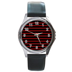 Red And Black Horizontal Lines And Stripes Seamless Tileable Round Metal Watch