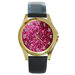 Pink Glitter Round Gold Metal Watch