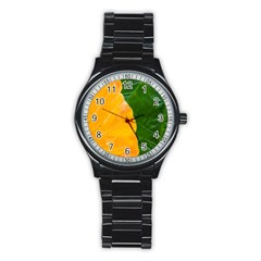 Wet Yellow And Green Leaves Abstract Pattern Stainless Steel Round Watch