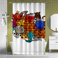 Graffiti Characters Flat Color Concept Cartoon Animals Fruit Abstract Around Brick Wall Vector Illus Shower Curtain 48  X 72  (small) 