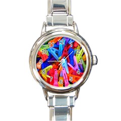 Clothespins Colorful Laundry Jam Pattern Round Italian Charm Watch by Nexatart