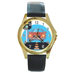 Semaphore Car Road City Traffic Round Gold Metal Watch by Nexatart