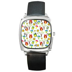 Cute Owl Wallpaper Pattern Square Metal Watch by Nexatart