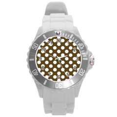 Brown Polkadot Background Round Plastic Sport Watch (l)