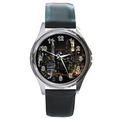 City At Night Lights Skyline Round Metal Watch