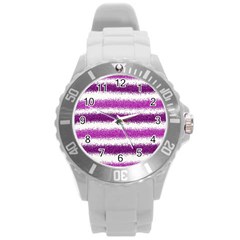 Metallic Pink Glitter Stripes Round Plastic Sport Watch (l)