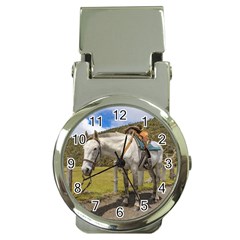 White Horse Tied Up At Cotopaxi National Park Ecuador Money Clip Watches by dflcprints