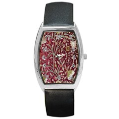 Crewel Fabric Tree Of Life Maroon Barrel Style Metal Watch