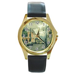 Historic Center Urban Scene At Riobamba City, Ecuador Round Gold Metal Watch by dflcprints