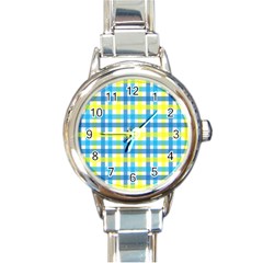 Gingham Plaid Yellow Aqua Blue Round Italian Charm Watch