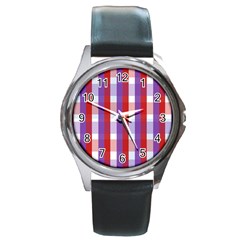 Gingham Pattern Checkered Violet Round Metal Watch