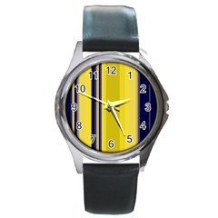 Yellow Blue Background Stripes Round Metal Watch