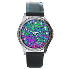 Green Purple Pink Background Round Metal Watch