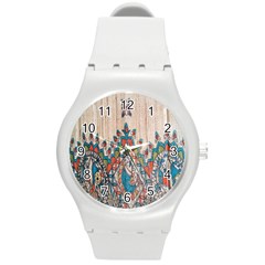 Blue Brown Cloth Design Round Plastic Sport Watch (m) by Simbadda