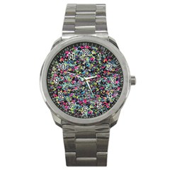 Neon Floral Print Silver Spandex Sport Metal Watch by Simbadda