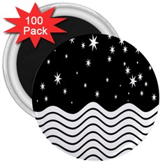 Black And White Waves And Stars Abstract Backdrop Clipart 3  Magnets (100 Pack) by Amaryn4rt