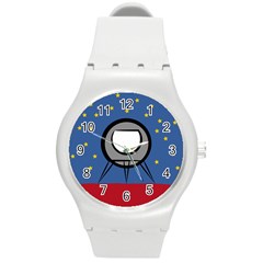 A Rocket Ship Sits On A Red Planet With Gold Stars In The Background Round Plastic Sport Watch (m) by Simbadda