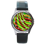 Neon Color Fractal Lines Round Metal Watch Front