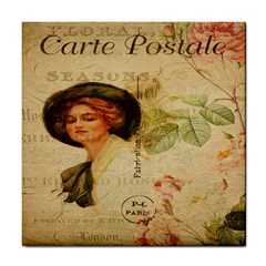 Lady On Vintage Postcard Vintage Floral French Postcard With Face Of Glamorous Woman Illustration Tile Coasters by Simbadda